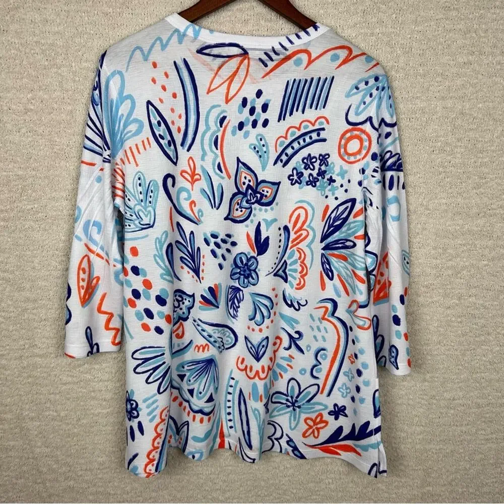 Jess & Jane Womens Top M Blue White Floral Viva Bulgari Tunic With Patch Pockets - Picture 5 of 7